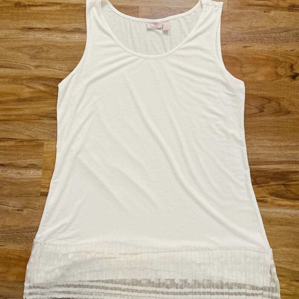 LOGO Layers by Lori Goldstein White Tank Top w/ Pleated Mesh Polka Dot Hem - L